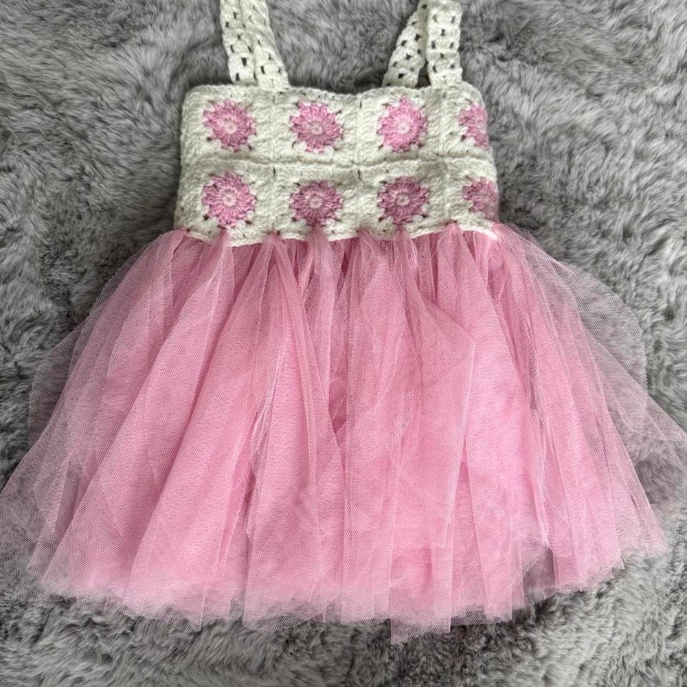 Boutique Pink Tulle Baby Dress Crochet Floral Knit Bodice Tutu 6-12M